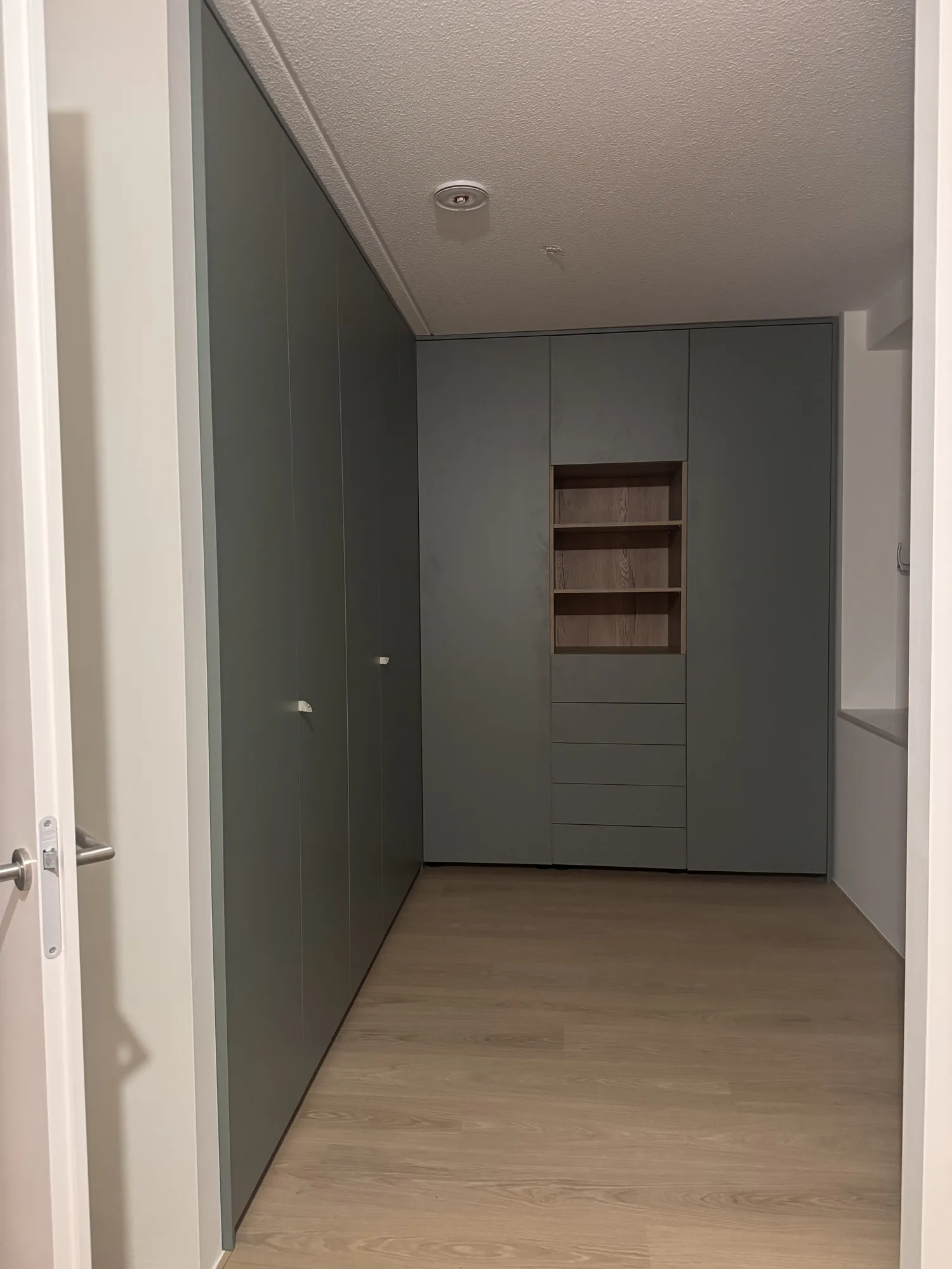 Kastenwand in saliegroen in een gang, met een open nis in eiken