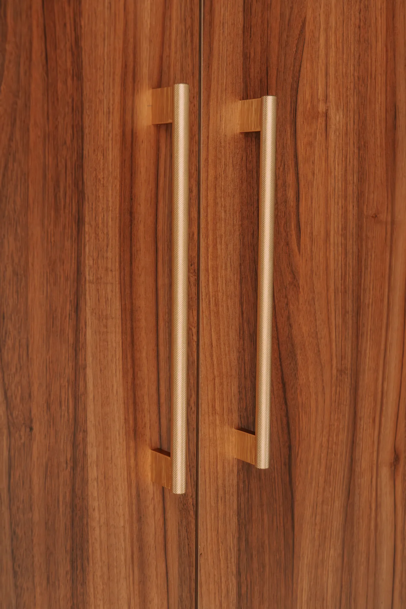Detail van twee gekartelde messing grepen op de deuren in noten